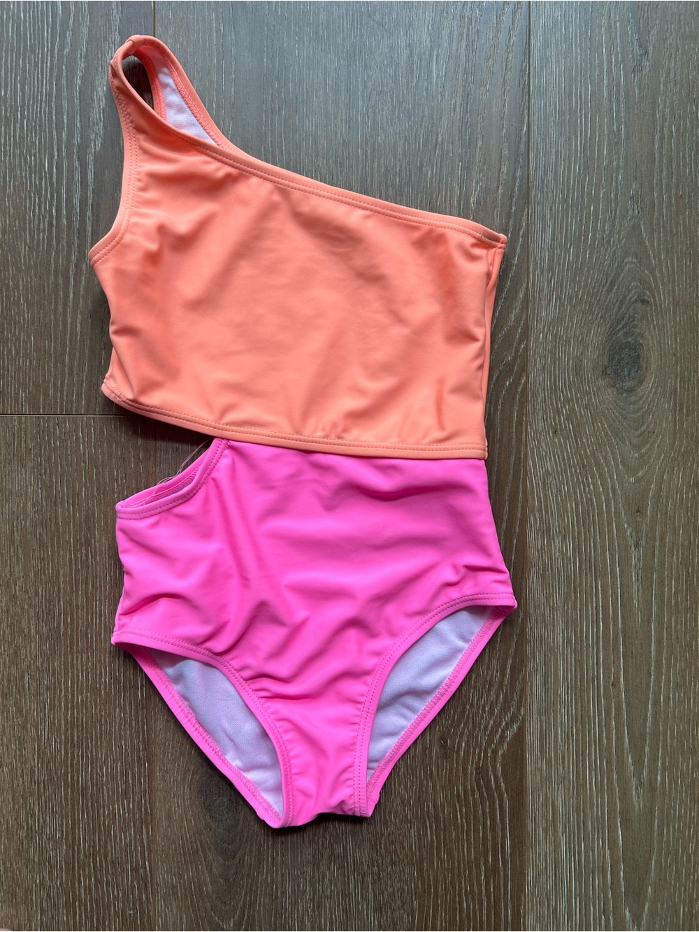 Snapper Rock One-Shoulder Colorblock Swimsuit in Peach and Hot Pink